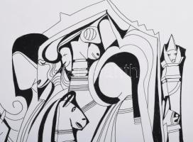 Lajos Ferenc (1912-1998): Jelenet, 1982. Tus, papír, jelzett. 35x26 cm. Paszpartuban