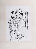 Lajos Ferenc (1912-1998): Jelenet, 1982. Tus, papír, jelzett. 35x26 cm. Paszpartuban