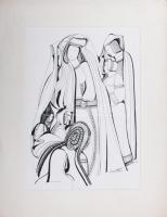 Lajos Ferenc (1912-1998): Jelenet, 1984. Tus, papír, jelzett. 37x27 cm. Paszpartuban