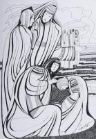 Lajos Ferenc (1912-1998): Társaság a szabadban, 1980. Tus, papír, jelzett. 33x23 cm. Paszpartuban.