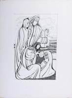 Lajos Ferenc (1912-1998): Társaság a szabadban, 1980. Tus, papír, jelzett. 33x23 cm. Paszpartuban