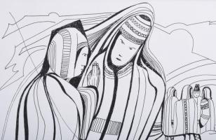 Lajos Ferenc (1912-1998): Társaság a szabadban, 1980. Tus, papír, jelzett. 33x23 cm. Paszpartuban