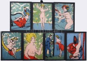 Olvashatatlan vagy BV jelzéssel vagy jelzés nélkül, 7 db mű: Erotikus jelenetek. Vegyes technika, üveg (Hinterglasmalerei). 16,5x12 cm