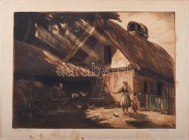 Paulovits Pál (1892-1975): Alkonyat (vadászat). Színezett rézkarc, papír, jelzett. Lap széle foltos. 28×37,5 cm