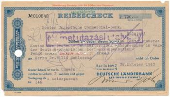 Németország 1943. "Pester Ungarische Commercial Bank" utazási csekk 700P értékben lyukasztással érvénytelenítve "010848" sorszámú, bélyegzéssel T:F Germany 1943. "Pester Ungarische Commercial Bank" Travellers Cheque about 700 Pengő, cancelled by perforation, with "010848" serial number, with stamp C:F