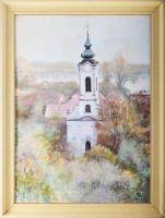 Szabó Erzsébet (1941- ): Szentendrei templom, olaj, farost, jelzett, fakeretben, 70x50 cm