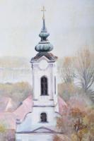Szabó Erzsébet (1941- ): Szentendrei templom, olaj, farost, jelzett, fakeretben, 70x50 cm