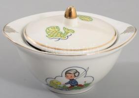 Halmintás gyermekporcelán tálka és bonbonier, kopással, fedél belsején lepattanással, h: 11 cm alatt