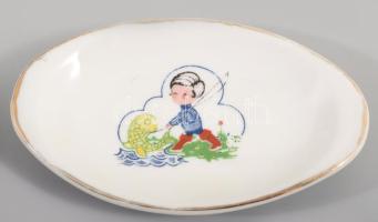 Halmintás gyermekporcelán tálka és bonbonier, kopással, fedél belsején lepattanással, h: 11 cm alatt