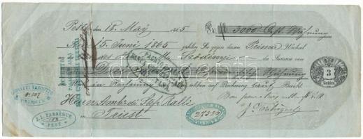 1865. Budapest (Pesth) Kitöltött váltó 3000 osztrák értékű forintról, Pesti és Trieszti bélyegzésekkel, "WECHSEL" vízjeles papíron T:F Hungary 1865. Bill of Exchange about 3000 Forints with cancellations from Pest and Trieszt, on "WECHSEL" watermarked paper C:F