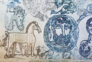 Kondor Lajos (1926-2006): Görög regék. Színezett rézkarc, papír, jelzett, 38,5×29,5 cm