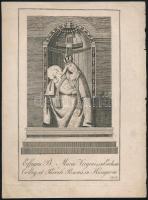 1835 Dorneck, Joseph (működött Bécsben, az 1820-1830-as években): A pozsonyi Szent Szűz kápolna oltárképét ábrázoló rézmetszet Effiges B. Mariae Virginis in Ecclesia et Paroch, Posonii in Hungaria). Rézmetszet, papír, a lap szélén apró sérüléssel, kis foltokkal, 18x11 cm. [In: Jordánszky Elek: Magyar országban 's az ahoz tartozó részekben lévő Bóldogságos Szűz Mária kegyelem' képeinek rövid leírása. Pozsony, 1836.]