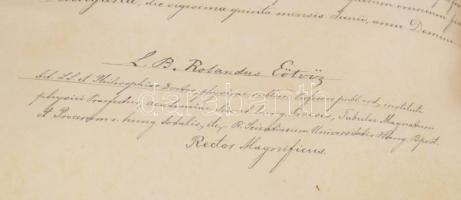 1892 Ludig Gyula jogi diplomája. báró Eötvös Loránd (1848-1919) fizikus, feltaláló, rektor autográf ...