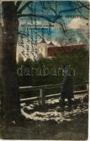 Eperjes, Presov; Szent Ferenc-rendiek temploma a sétányról nézve télen. Divald Károly kiadása / Franciscan church viewed from the promenade in winter (Rb)