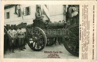 Kriegsbildkarte Nr. 15. Truppen unserer 3. Gebirgsbrigade mit dem am 2. September eroberten, der "Lange Tom". Offizielle Karte für Rotes Kreuz, Kriegshilfs-Büro, Kriegsfürsorge-Amt / "Hosszú Tamás" a montenegróiak legnagyobb ágyúja osztrák-magyar katonák által zsákmányolva az első világháborúban / WWI military, Montenegrin captured cannon "Long Tom" with K.u.k. Austro-Hungarian soldiers (EB)
