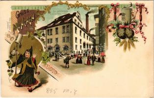 1895 München, Munich; Das Hofbräuhaus in seiner neuen Gestalt / brewery, beer hall. Ottmar Zieher Art Nouveau, floral litho (EB)