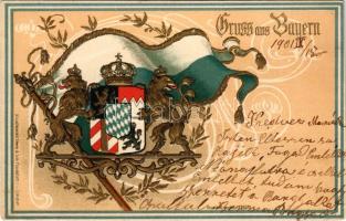 Gruss aus Bayern / Bajor címer, dombornyomott litho / Bavaria - Coat of arms. Kunstanstalt Stern &amp; Löb. Emb. litho