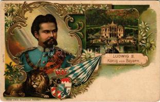 Ludwig II. König von Bayern, Linderhof. Ottmar Zieher Kunstanstalt München / Ludwig II of Bavaria, castle, luion, coat of arms, Art Nouveau, floral, Emb. litho (lyukak / pinholes)