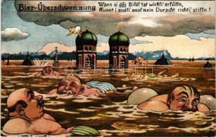 Bier-Überschwemmung / Drunk men humour with beer flood in München. Heliokolorkarte von Ottmar Zieher (EK)
