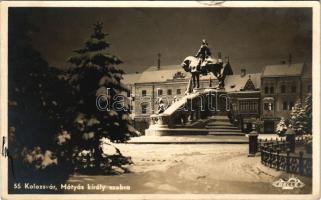 1940 Kolozsvár, Cluj; Mátyás király szobor télen, M. Deutsch, Foto Bordan, bank / statue, monument at winter, shops. photo + "1940 Kolozsvár visszatért" "Tábori postahivatal 52" So. Stpl. (EK)