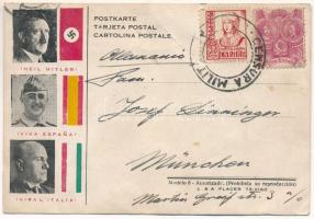 1937 Heil Hitler! Viva Espana! Viva L'Italia! / Második világháborús náci propaganda képeslap: Hitler, Franco és Mussolini / WWII German, Spanish and Italian Nazi propaganda: Hitler, Franco and Mussolini (gyűrődések / creases)
