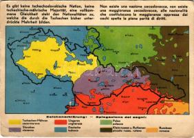 1938 Nincs csehszlovák nemzet, nincs csehszlovák többség, teljes egyenjogúság illeti a csehek által eddig elnyomott többséget alkotó nemzetiségeket. A Magyar Nemzeti Szövetség kiadása, Klösz Budapest / Hungarian Anti-Czechoslovak propaganda, irredenta map + "1938 Az első visszatért magyar város Ipolyság" So Stpl. (gyűrődések / creases)