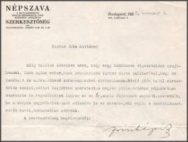 1927 Bp., Frisch Árpád (1883-?) újságíró saját kézzel aláírt levele a Népszava fejléces levélpapírjá...
