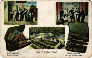 1916 Pöstyén, Piestany; "Mikor érkeztem - mikor elutaztam" humoros képeslap teli és üres pénztárcával. Donáth Lipót kiadása / humorous montage with full and empty wallet + "Vörös Kereszt Hadikórháza Pöstyén Fürdő" (kopott sarkak / worn corners)