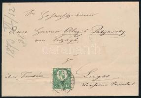 1873 Réznyomat 3kr + a hátoldalon bontásnál eltépett 2kr távolsági levélen "TÖRÖK KANIZSA" - Lugos