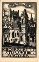 Pozsony, Pressburg, Bratislava; Pozsony a magyar Strassbourg! Itt sohse laktak csehek! Impr. Grafikai Intézet Rt. Cseh-ellenes irredenta propaganda lap / Pressburg (Bratislava) is the Hungarian Strassbourg! Czechs have never lived here! Hungarian Anti-Czech irredenta propaganda card s: Zádor István (EK)