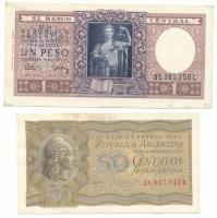 Argentína 1951-1952. 50c "B" + 1956. 1P "C" T:VF,F egyiken folt Argentina 1951-1952. 50 Centavos "B" + 1956. 1 Peso "C" C:VF,F one spotted Krause P#261, P#263