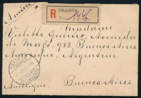 Románia 1913 Ajánlott levél Argentínába "CRAIOVA" - kék "BUENOS AIRES"