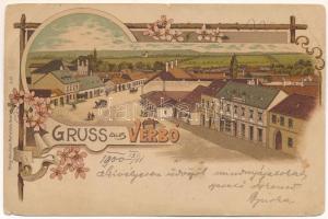 1900 Verbó, Vrbové; látkép, zsinagóga. Jacob Mohr &amp; Sohn kiadása, szecessziós-virágos litho / general view, synagogue. Art Nouveau, floral, litho (EM)