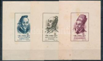 Kínai Népköztársaság 1955 Tudósok 3 klf blokk Mi 378-379, 381 (Mi EUR 225.-) (mind kicsit foltos, rozsdás)