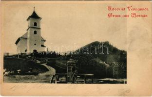 1900 Vernár, Wernsdorf, Vernár; templom, kerekes kút / church, well (EK)
