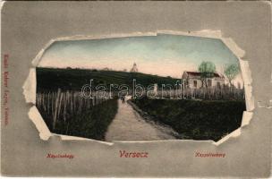 Versec, Werschetz, Vrsac; Kápolnahegy, nyaraló, szőlő. Kehrer Lajos kiadása / Kapellenberg / chapel hill, villa, vineyards. Art Nouveau frame (szakadás / tear)