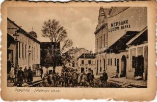 Vágújhely, Waag-Neustadt, Nové Mesto nad Váhom; Felsőkapu utca, Népbank, Diamant Kálmán, Schwitzer József üzlete és saját kiadása / street, bank, shops + "Ausfallmuster" (szakadás / tear)