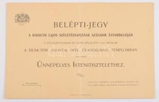 1902 Kossuth Lajos születésnapjának 100. évfordulójára tartott istentisztelet belépőjegye a Deák téri templomba.
