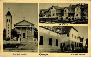 Gyékényes, Állami elemi népiskola, vasútállomás, Római katolikus templom. Aigner Lajos kiadása (gyűrődés / crease)