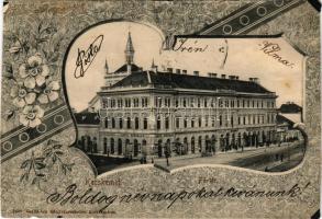 1902 Kecskemét, Fő tér, Kávécsarnok, Witz Antal húscsarnoka, Dávid Bertalan, Zollner József, Grünblatt József üzlete. Gallia-féle kiadás. Art Nouveau, floral + "ORSOVA - BUDAPEST 179. sz. B" vasúti mozgóposta bélyegző (r)