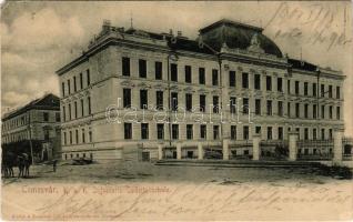 1903 Temesvár, Timisoara; K.u.K. Infanterie Cadettenschule / Cs. és kir. gyalogsági hadapródiskola. Polatsek-féle könyvkereskedés kiadása / K.u.K. military infantry cadet school + "BUDAPEST - BÁZIÁS 4. SZ." vasúti mozgóposta bélyegző (EM)