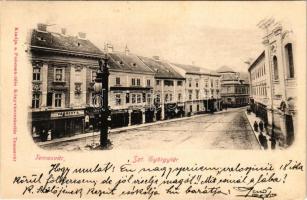 1910 Temesvár, Timisoara; Szent György tér, Várneky A., Schwarcz, Fischer Jac., Szagosán üzlete, kávéház. Polatsek-féle könyvkereskedés kiadása / square, shops, café