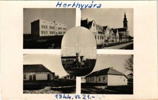 1944 Horthyvára, Máriamajor, Bácshadikfalva, Stepanovicevo (Újvidék, Novi Sad); mozaiklap: utcakép, Hangya üzlete, községháza / multi-view postcard: street view, cooperative shop, town hall. photo