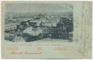 1899 Temesvár, Timisoara; Gyárváros látképe kelet felé este holdfényben, Rózsa szálloda, zárda, tűzoltótorony. Mangold Sándor kiadása / Ansicht der Vorst. Fabrik (Ostseite), Hotel Rosen, Kloster, Feuerwehr-Turm / general view at night in moonlight, hotel, nunnery, fire tower (EK)