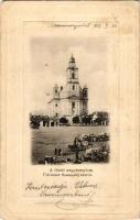 1902 Szamosújvár, Gherla; Fő téri nagytemplom, piac, Merza M., Czetz Zakariás, Alexi Bogdán üzlete. Todorán Endre kiadása / main square, church, market, shops (fl)