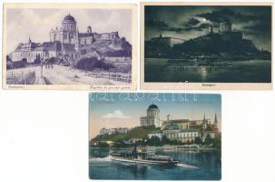 Esztergom - 3 db RÉGI város képeslap: Bazilika, látkép, gőzhajó