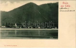 Tekija, Tekia (Kladovo); Orsovával szemben a Dunán. Hutterer G. kiadása / general view, Danube river...
