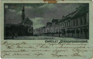 1898 Székesfehérvár, Szeminárium tér és Megyeháza este holdfényben. Kaufman F. kiadása (EM)