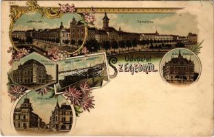 Szeged, Széchenyi tér, Városháza, Városi színház, Közúti vashíd a rakparttal, Híd utca, MÁV palotája. 1547. Art Nouveau, floral, litho (EK)
