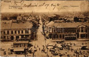 1913 Budapest XX. Pestszenterzsébet, Pesterzsébet, Erzsébetfalva; Látkép, Kossuth Lajos utca és Török Flóris utca kereszteződése, Szent Erzsébet tér, Büngösdy Gyula fog-műterme, fogász, üzletek, villamos, Piac tér. N. M. Bp. (Rb)